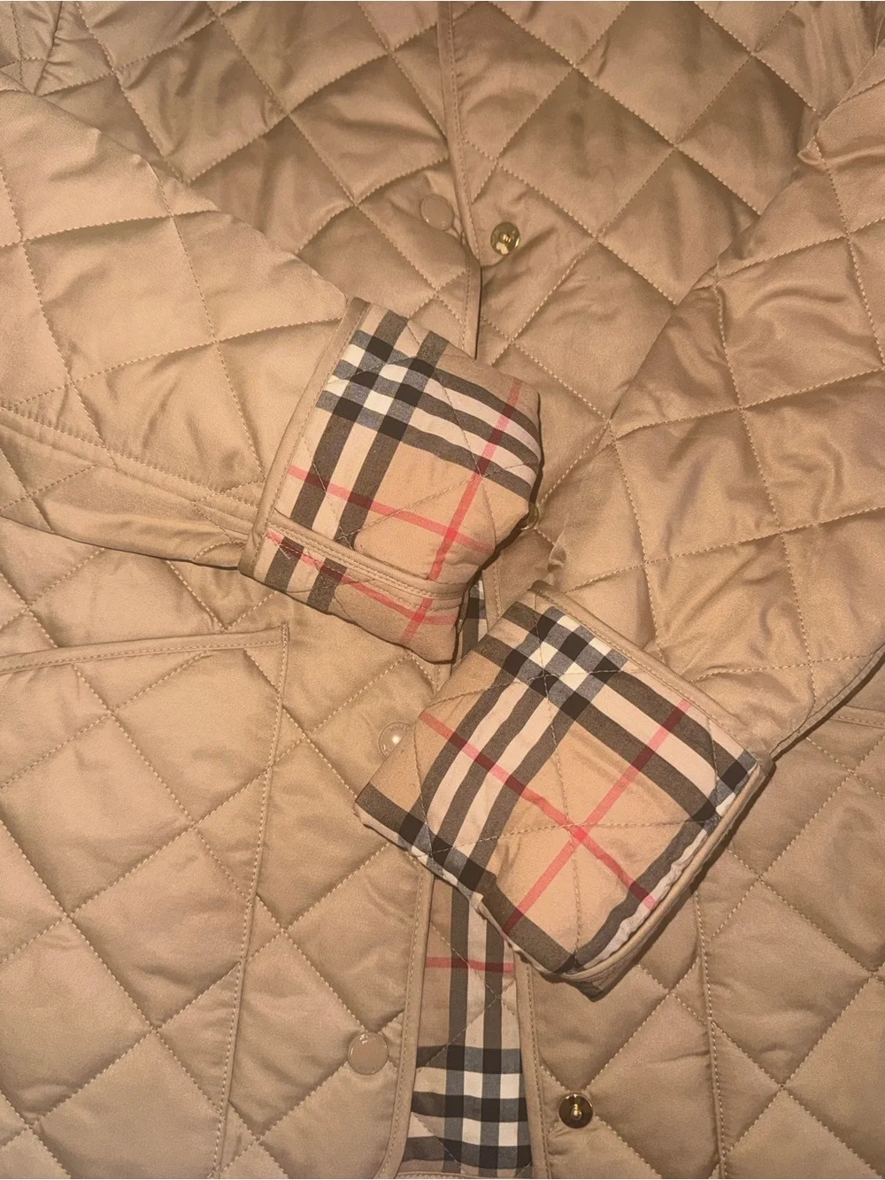 Burberry Tan Quilted Puffer Jacket with Red Corduroy Collar